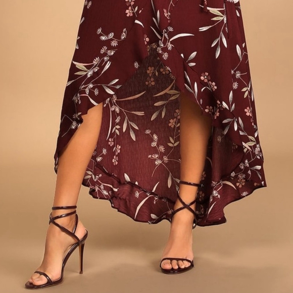 Lulus Burgundy Floral Wrap Maxi Dress High Low Flutter Sleeve Size XL - Picture 2 of 8